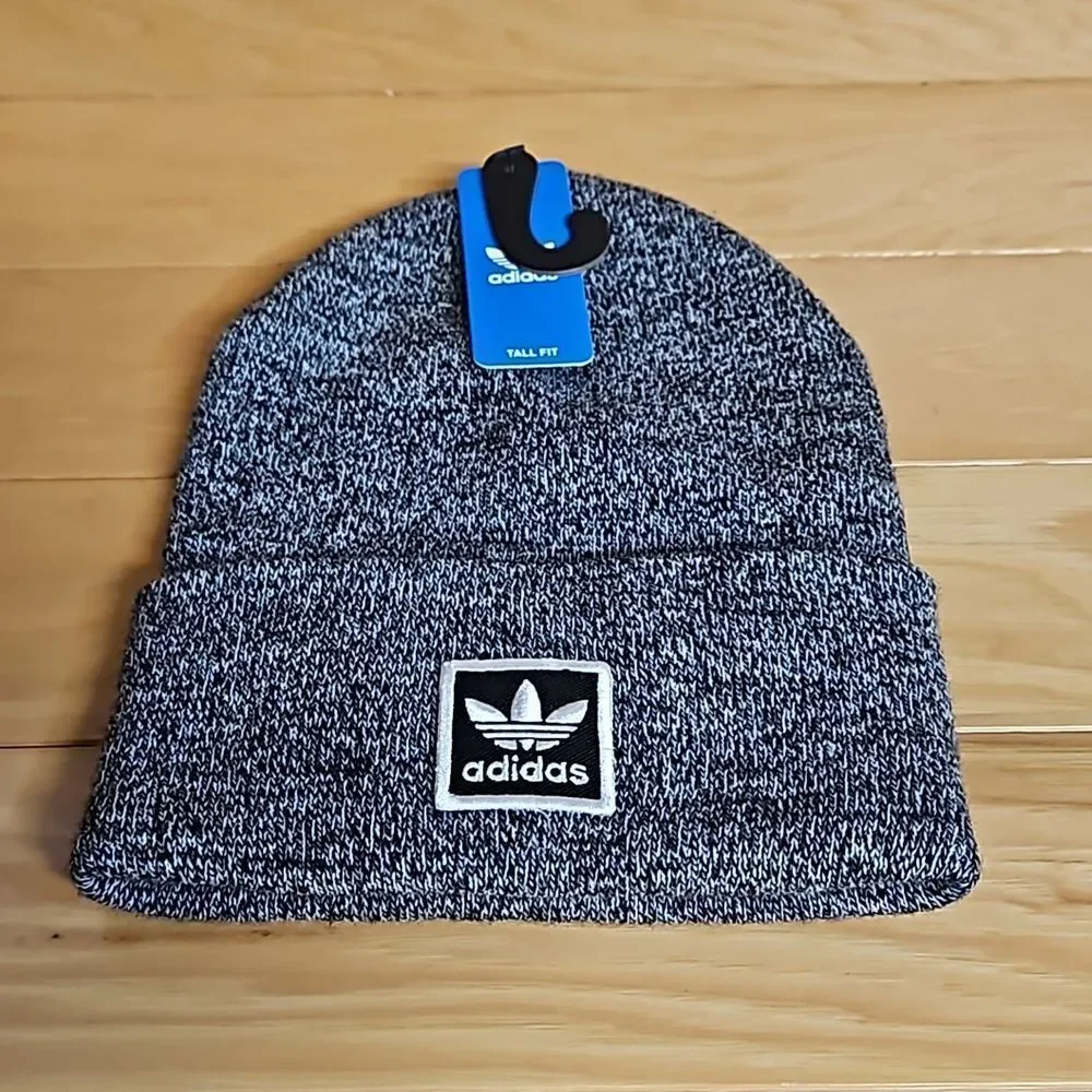 Adidas Originals Tall Utility Cuff Beanie Winter Hat Cap Grey Black White